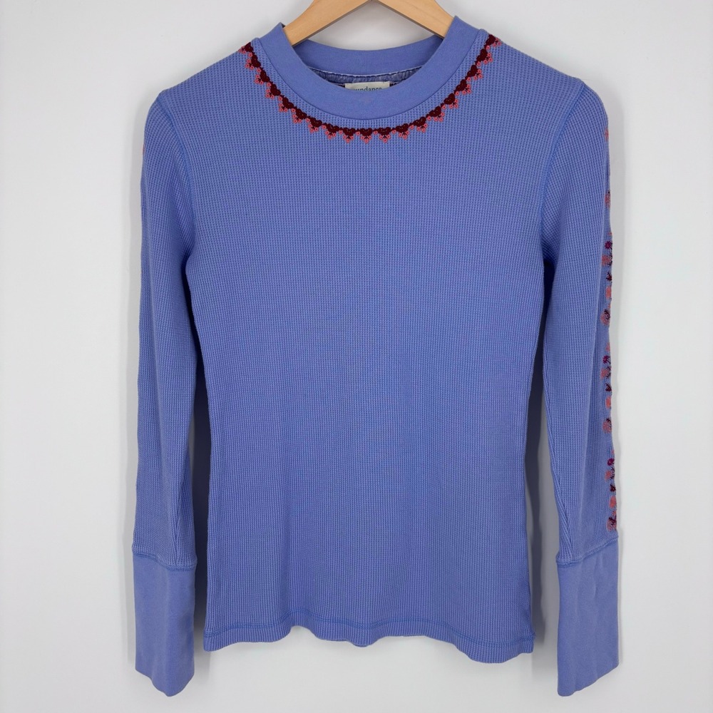 Sundance Embroidered Waffle Knit Thermal Top Women XS Periwinkle Blue Floral Top